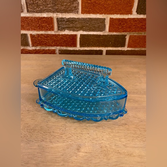 Vintage EAPG Glass Delphite Blue Iron‎ Shape Criss Cross Butter/Candy Dish - Picture 1 of 7